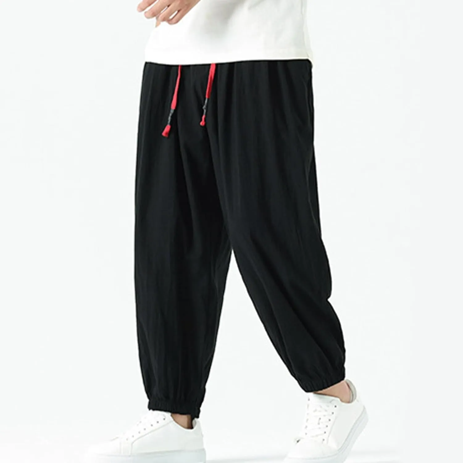 Mens Harem Pants Cotton Linen Baggy Casual Loose Summer Pants Drawstring Elastic Waist Yoga Jogger Trousers