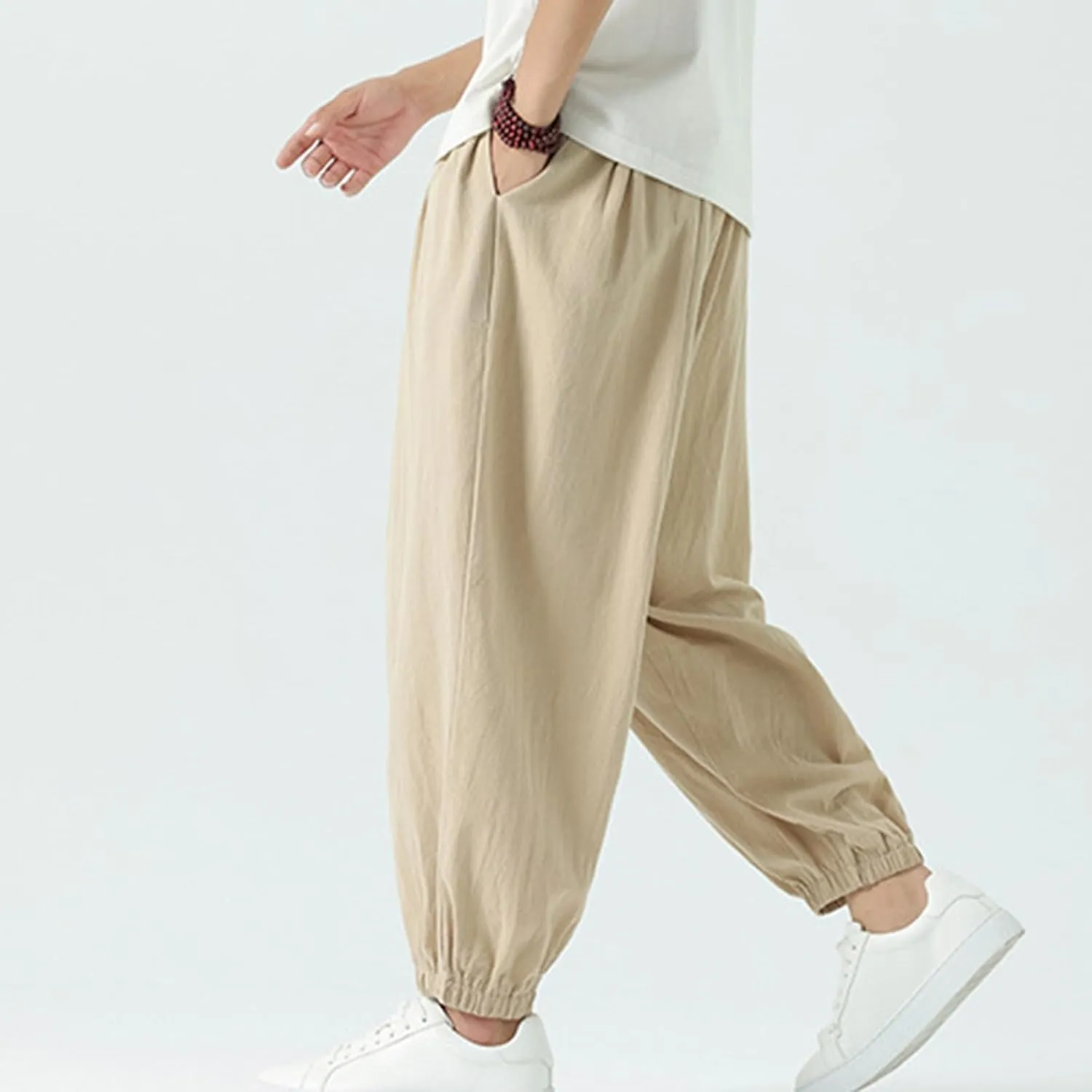 Mens Harem Pants Cotton Linen Baggy Casual Loose Summer Pants Drawstring Elastic Waist Yoga Jogger Trousers