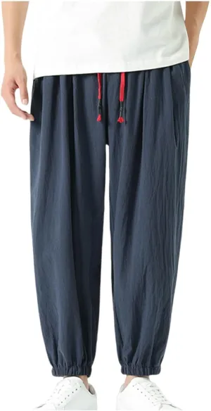 Mens Harem Pants Cotton Linen Baggy Casual Loose Summer Pants Drawstring Elastic Waist Yoga Jogger Trousers