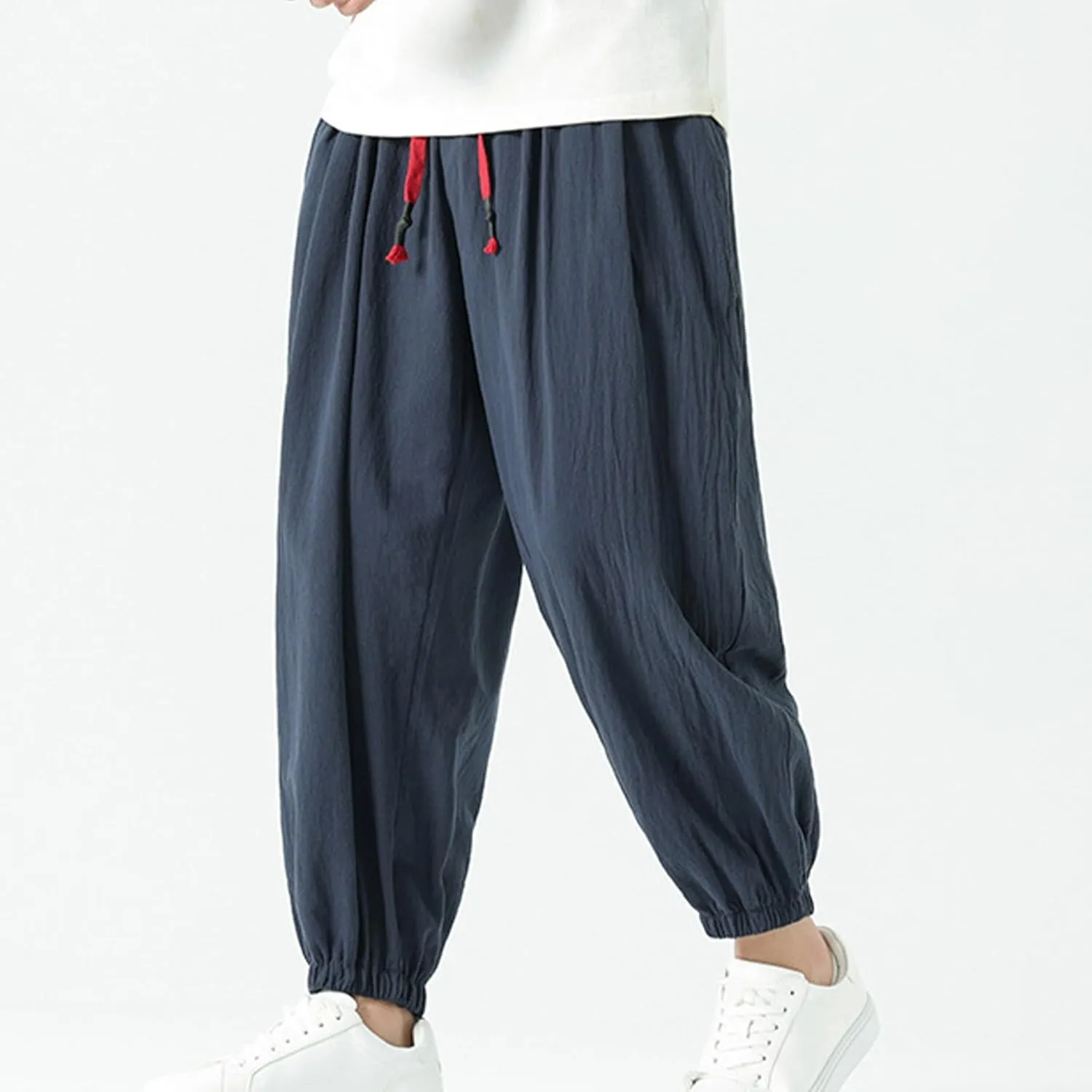 Mens Harem Pants Cotton Linen Baggy Casual Loose Summer Pants Drawstring Elastic Waist Yoga Jogger Trousers