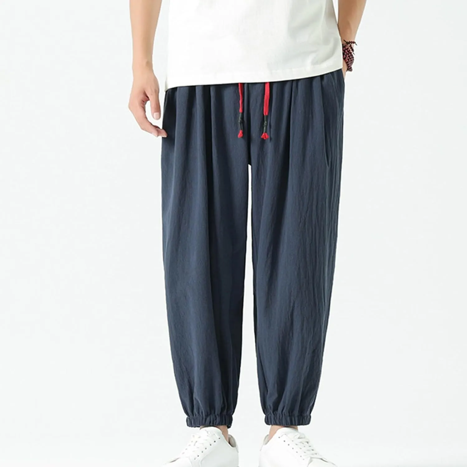 Mens Harem Pants Cotton Linen Baggy Casual Loose Summer Pants Drawstring Elastic Waist Yoga Jogger Trousers
