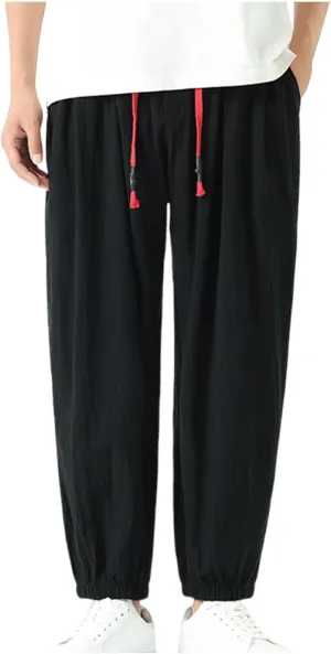 Mens Harem Pants Cotton Linen Baggy Casual Loose Summer Pants Drawstring Elastic Waist Yoga Jogger Trousers