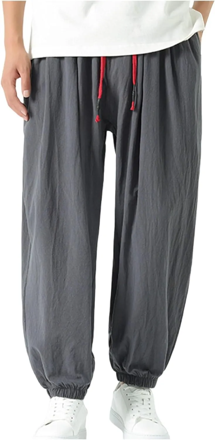Mens Harem Pants Cotton Linen Baggy Casual Loose Summer Pants Drawstring Elastic Waist Yoga Jogger Trousers