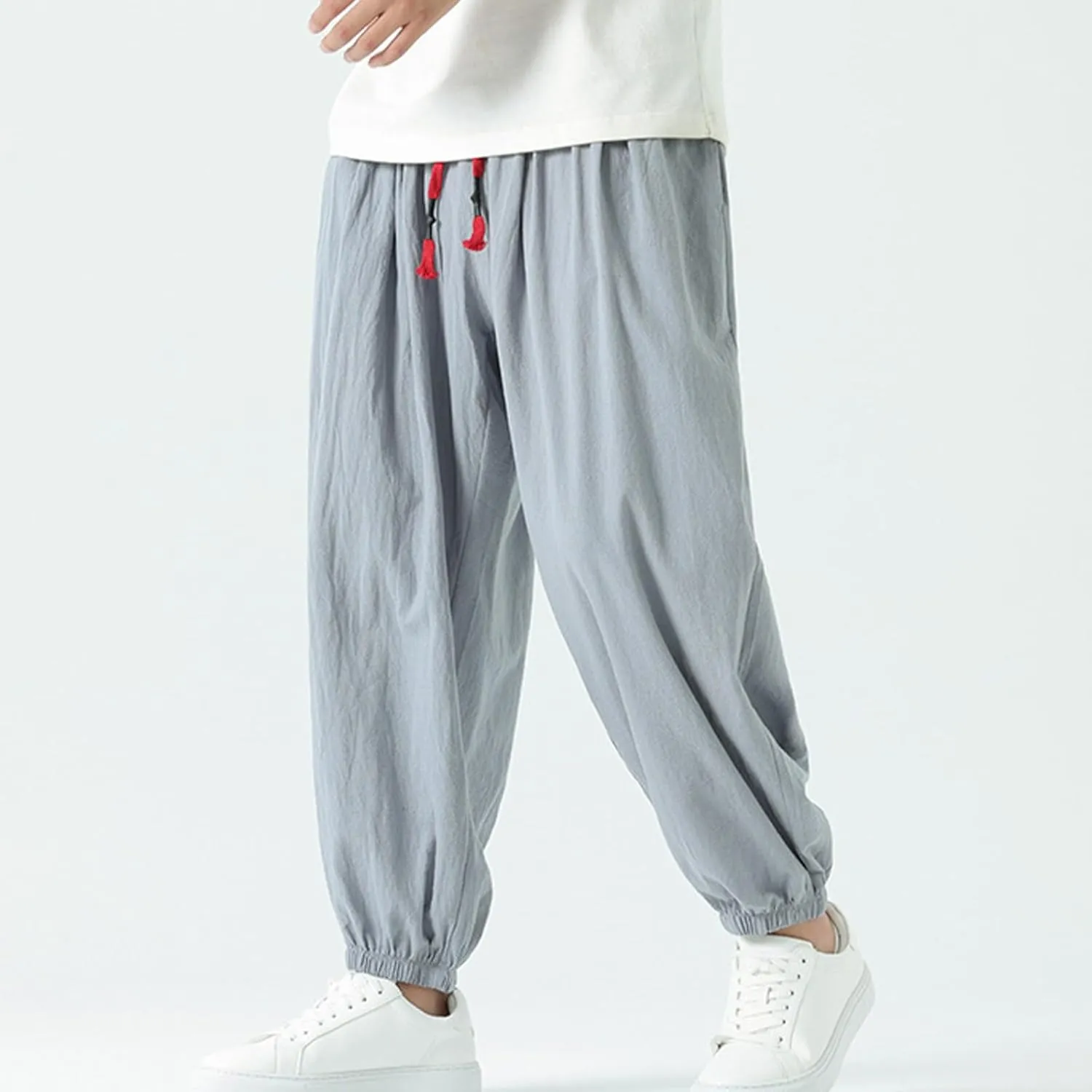 Mens Harem Pants Cotton Linen Baggy Casual Loose Summer Pants Drawstring Elastic Waist Yoga Jogger Trousers