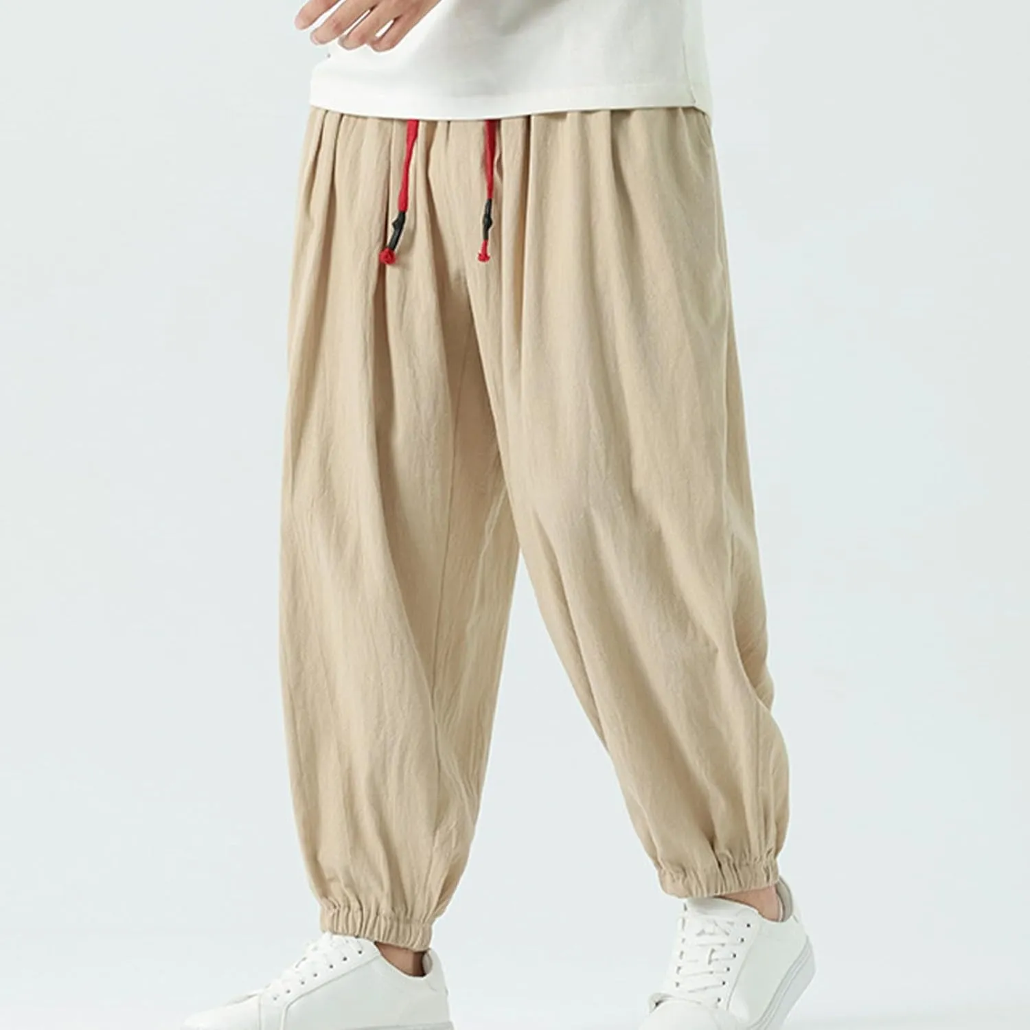 Mens Harem Pants Cotton Linen Baggy Casual Loose Summer Pants Drawstring Elastic Waist Yoga Jogger Trousers