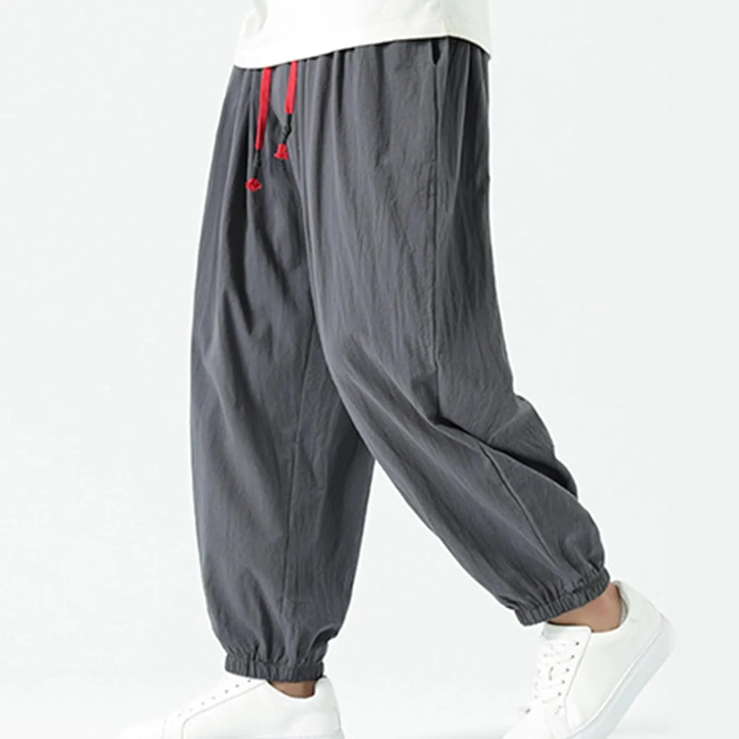 Mens Harem Pants Cotton Linen Baggy Casual Loose Summer Pants Drawstring Elastic Waist Yoga Jogger Trousers