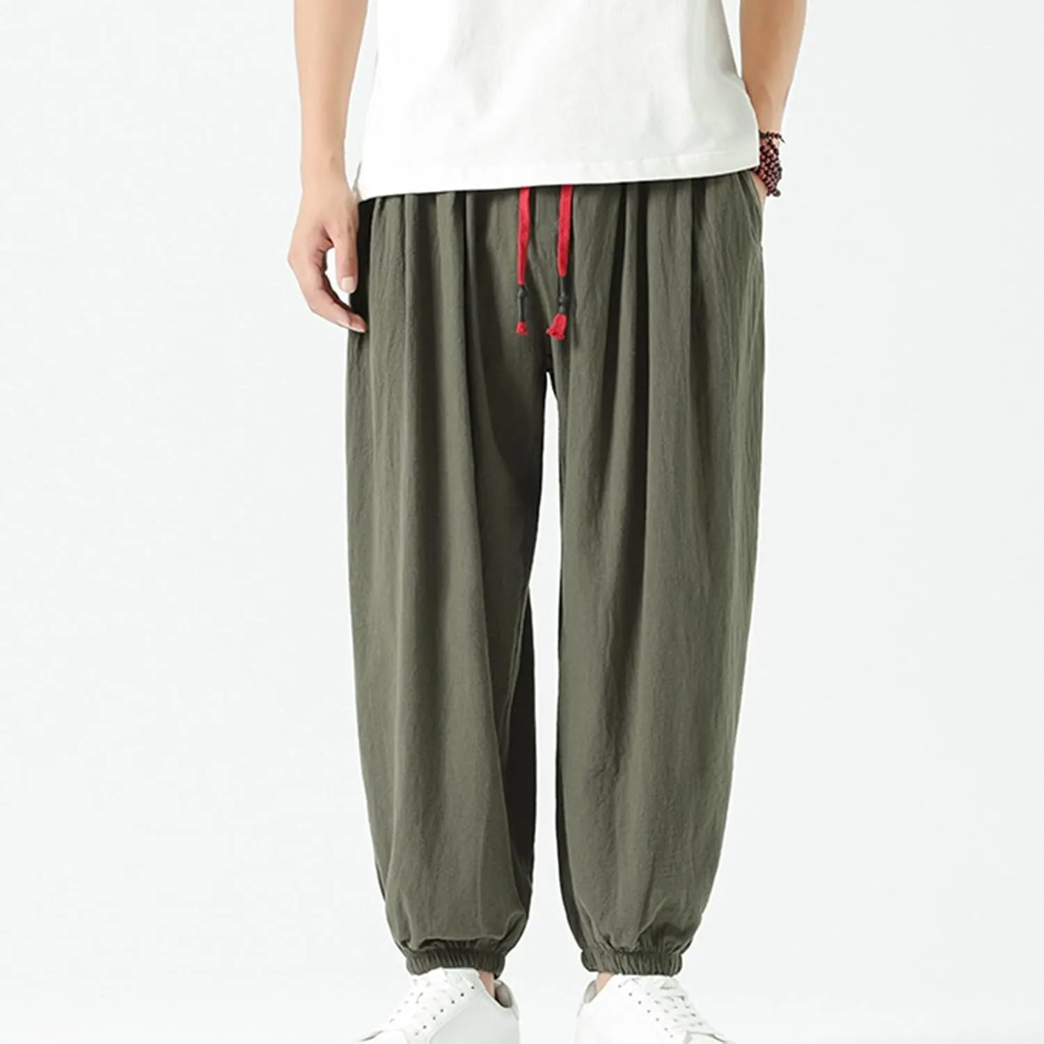 Mens Harem Pants Cotton Linen Baggy Casual Loose Summer Pants Drawstring Elastic Waist Yoga Jogger Trousers