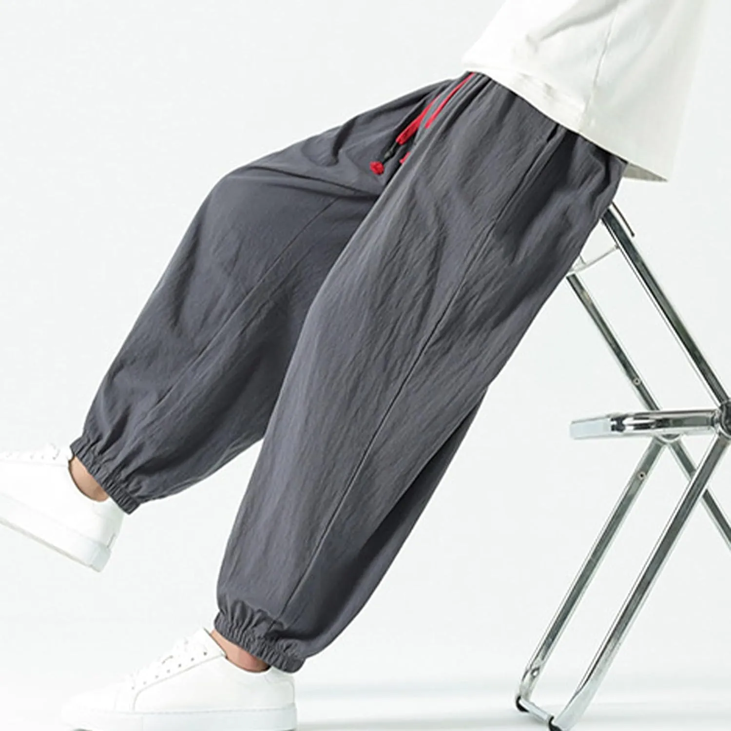 Mens Harem Pants Cotton Linen Baggy Casual Loose Summer Pants Drawstring Elastic Waist Yoga Jogger Trousers