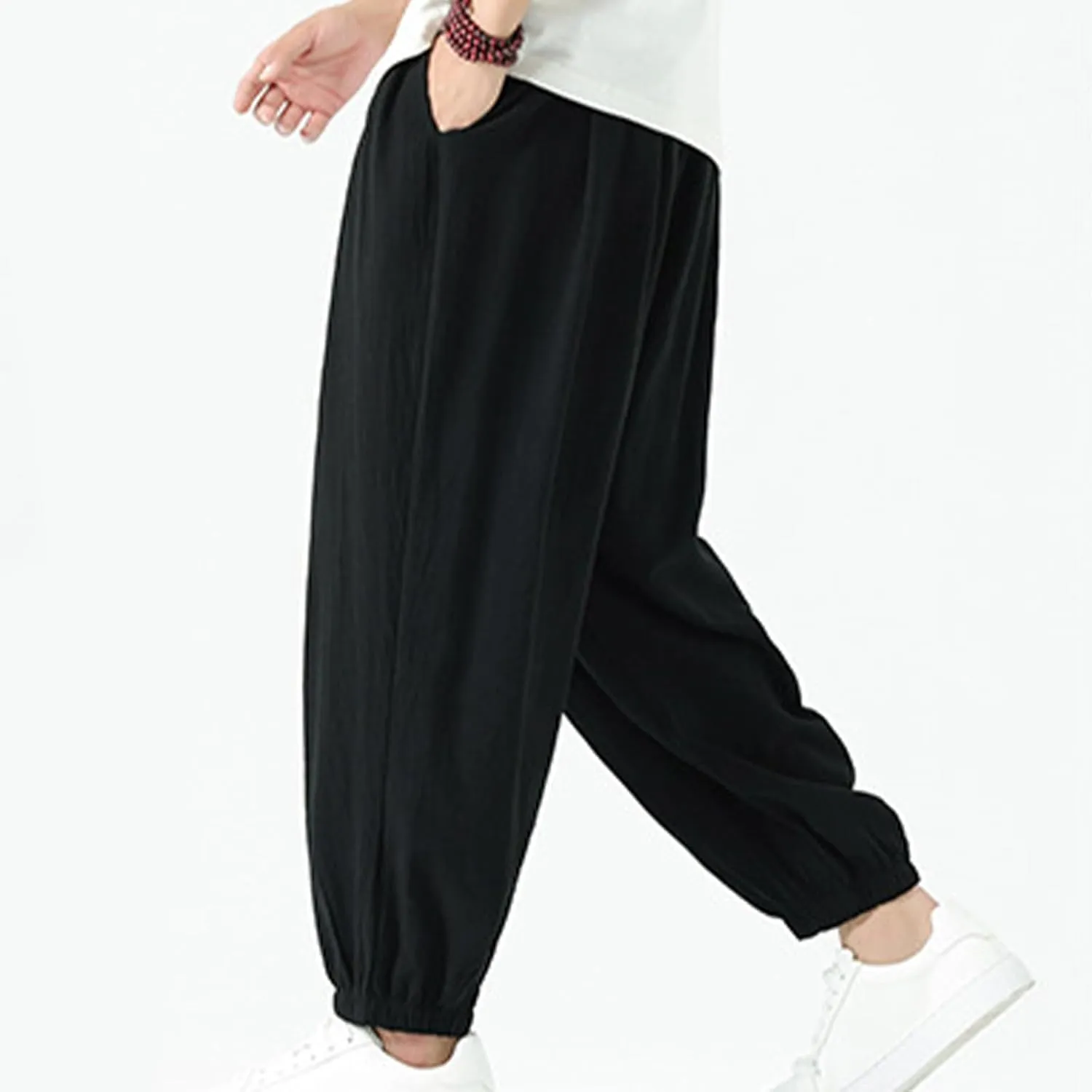 Mens Harem Pants Cotton Linen Baggy Casual Loose Summer Pants Drawstring Elastic Waist Yoga Jogger Trousers