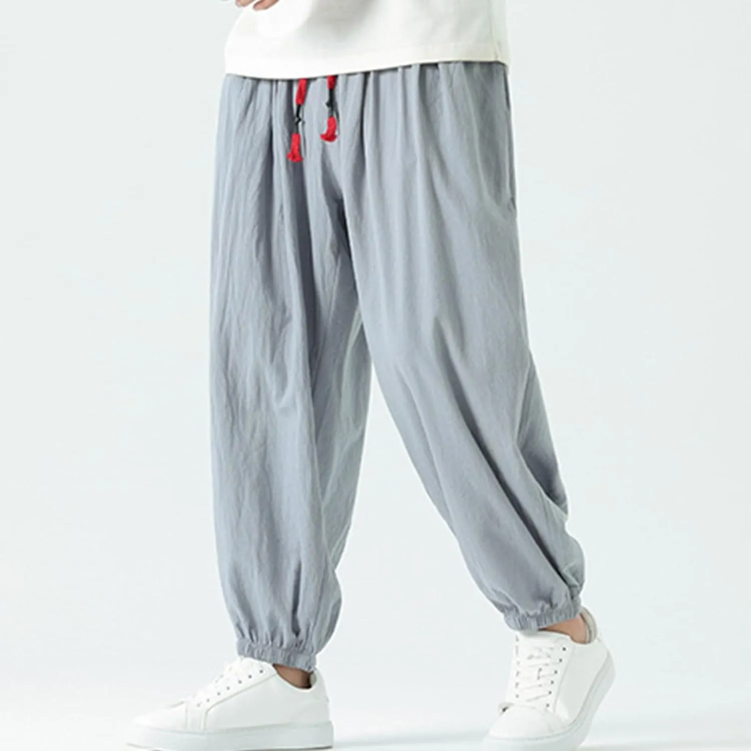 Mens Harem Pants Cotton Linen Baggy Casual Loose Summer Pants Drawstring Elastic Waist Yoga Jogger Trousers