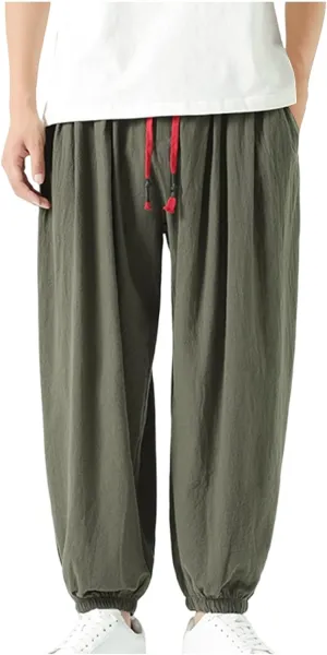 Mens Harem Pants Cotton Linen Baggy Casual Loose Summer Pants Drawstring Elastic Waist Yoga Jogger Trousers