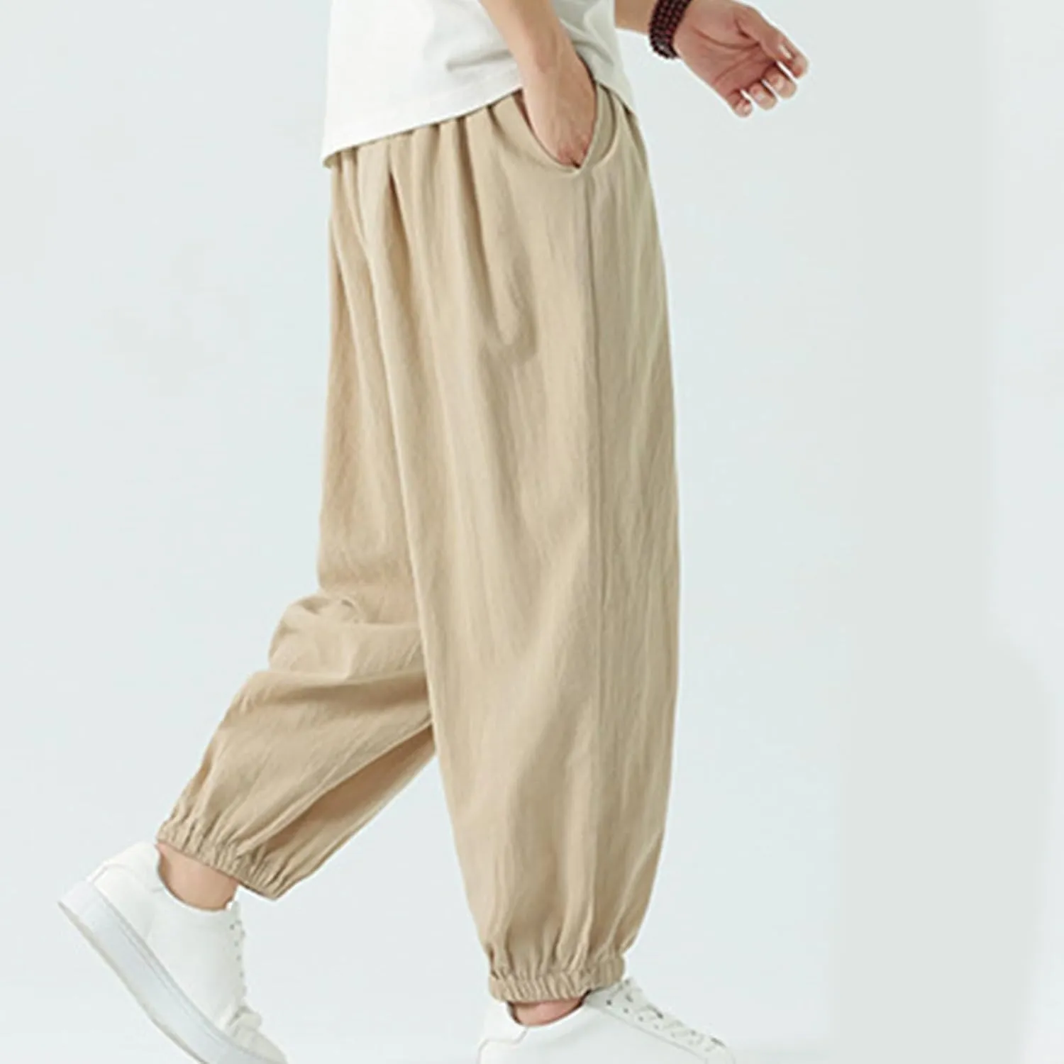 Mens Harem Pants Cotton Linen Baggy Casual Loose Summer Pants Drawstring Elastic Waist Yoga Jogger Trousers