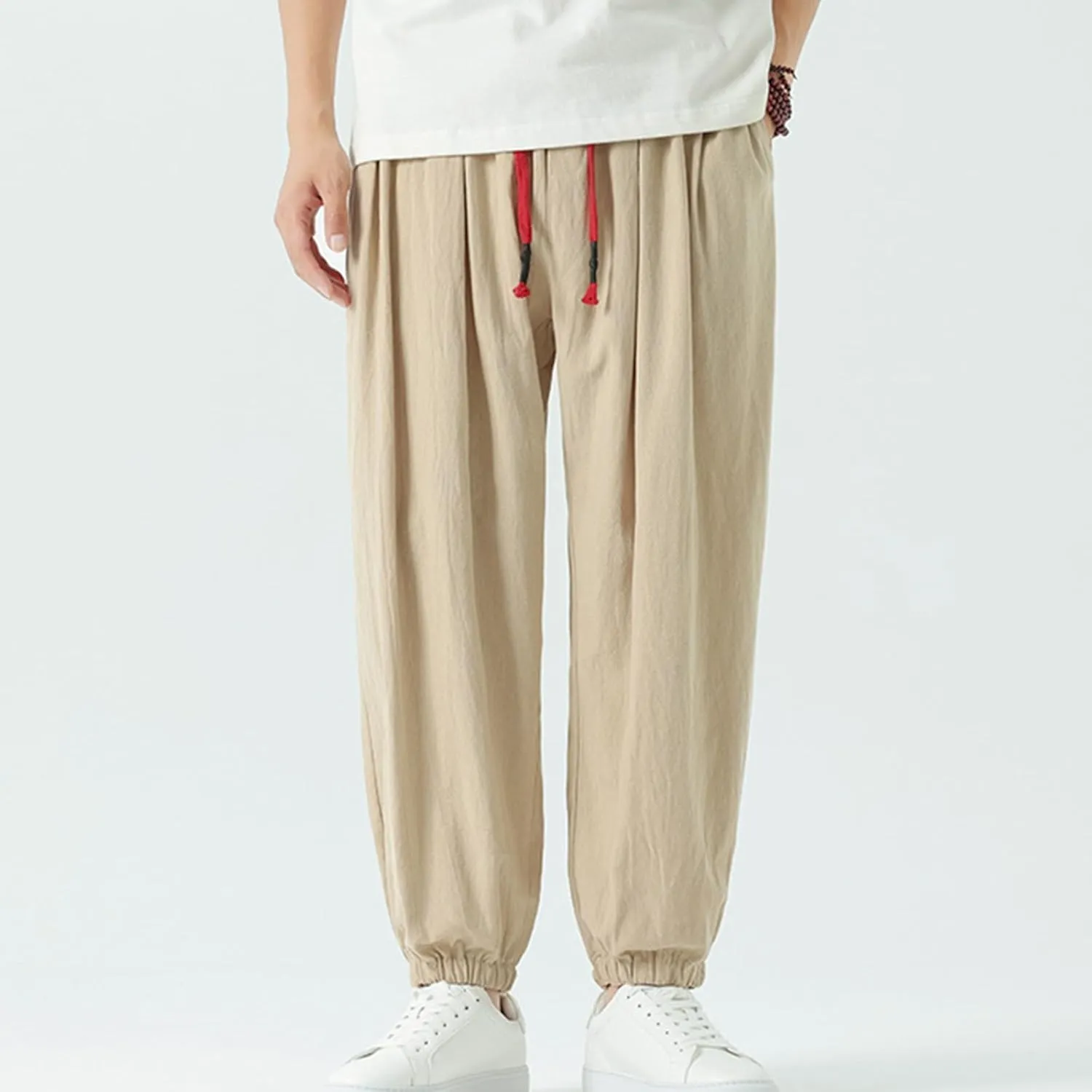 Mens Harem Pants Cotton Linen Baggy Casual Loose Summer Pants Drawstring Elastic Waist Yoga Jogger Trousers