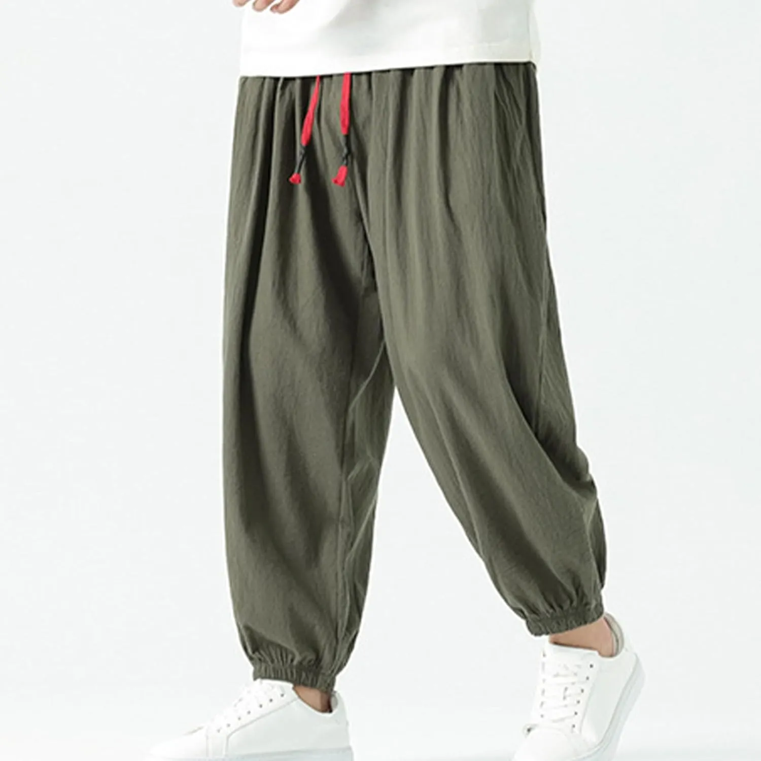 Mens Harem Pants Cotton Linen Baggy Casual Loose Summer Pants Drawstring Elastic Waist Yoga Jogger Trousers