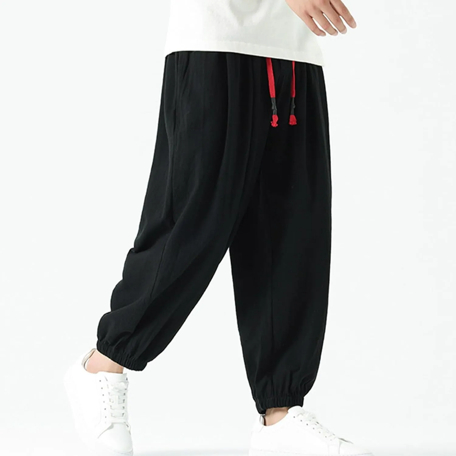 Mens Harem Pants Cotton Linen Baggy Casual Loose Summer Pants Drawstring Elastic Waist Yoga Jogger Trousers