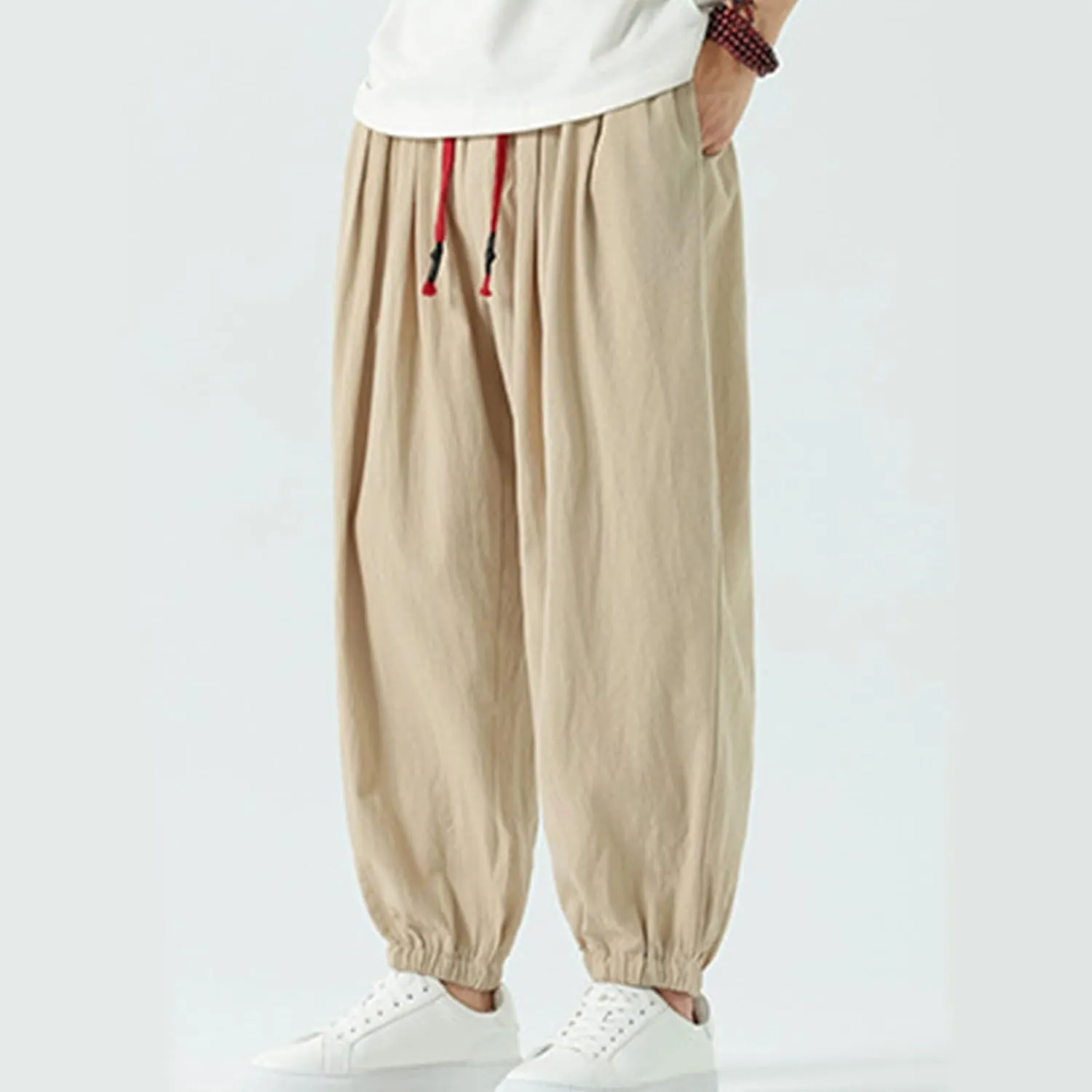 Mens Harem Pants Cotton Linen Baggy Casual Loose Summer Pants Drawstring Elastic Waist Yoga Jogger Trousers