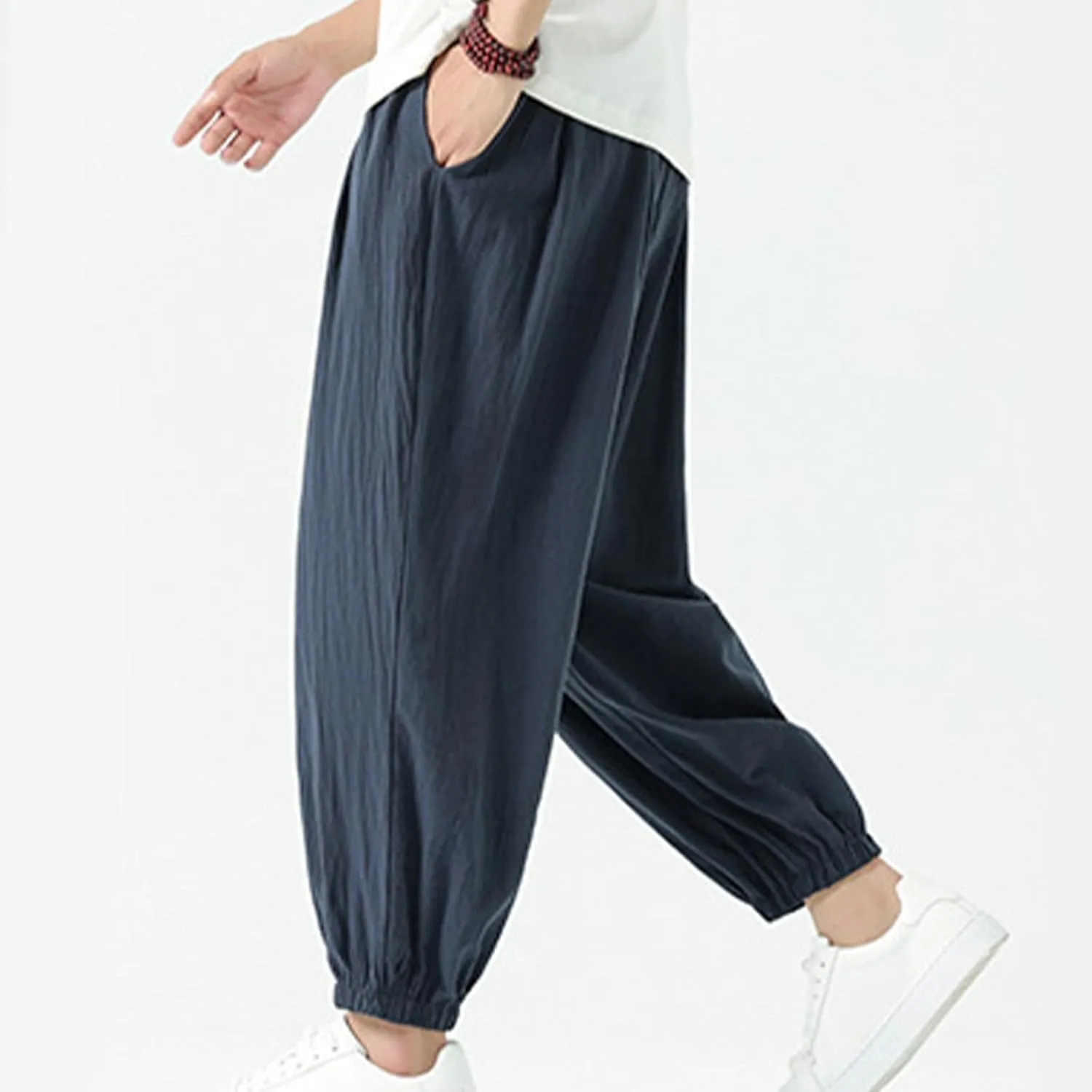 Mens Harem Pants Cotton Linen Baggy Casual Loose Summer Pants Drawstring Elastic Waist Yoga Jogger Trousers