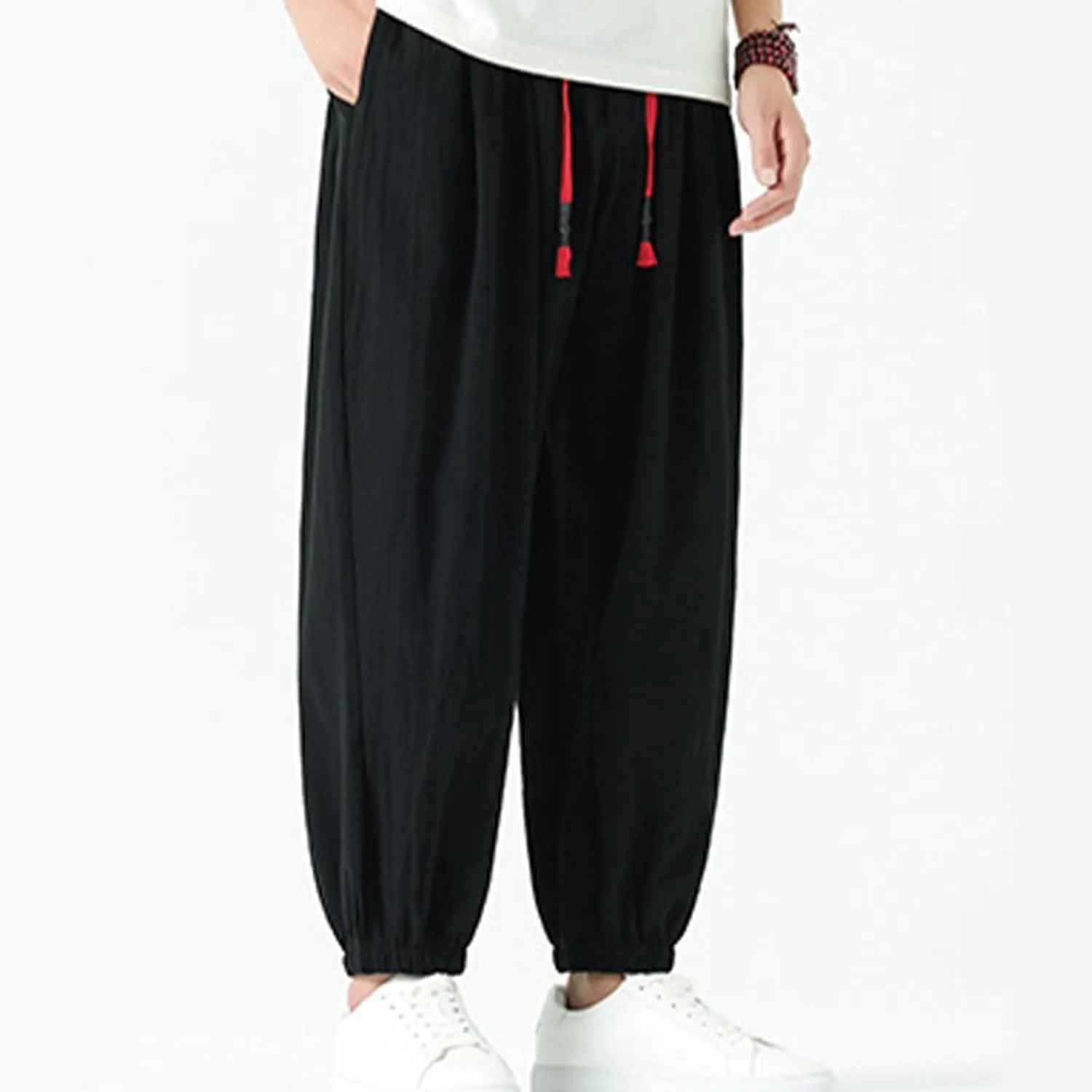 Mens Harem Pants Cotton Linen Baggy Casual Loose Summer Pants Drawstring Elastic Waist Yoga Jogger Trousers