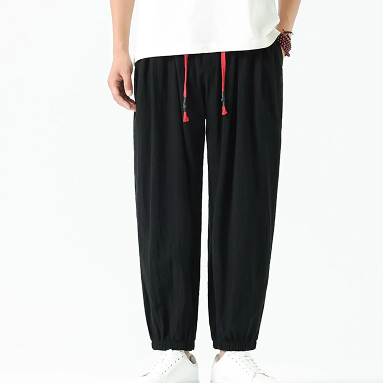 Mens Harem Pants Cotton Linen Baggy Casual Loose Summer Pants Drawstring Elastic Waist Yoga Jogger Trousers