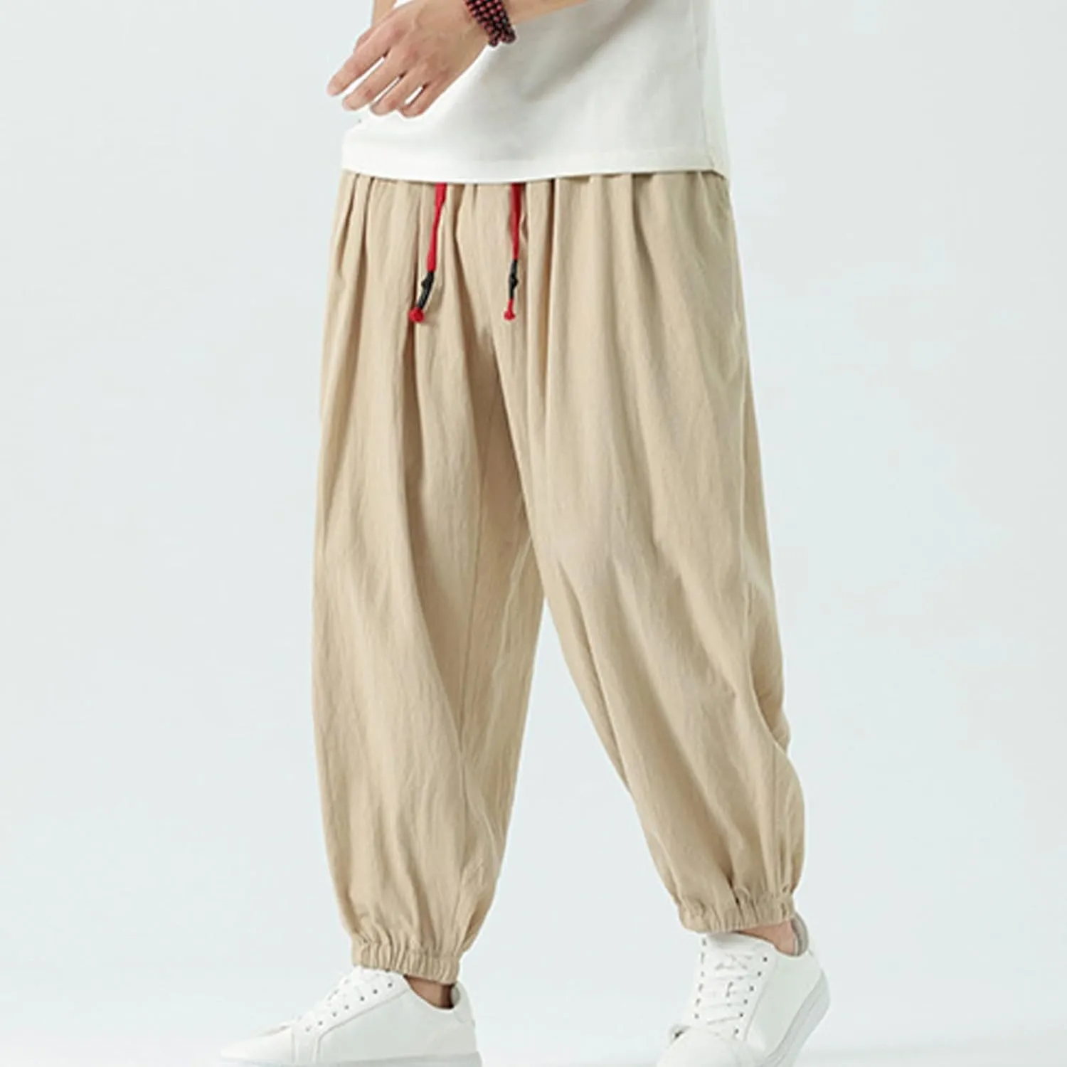 Mens Harem Pants Cotton Linen Baggy Casual Loose Summer Pants Drawstring Elastic Waist Yoga Jogger Trousers