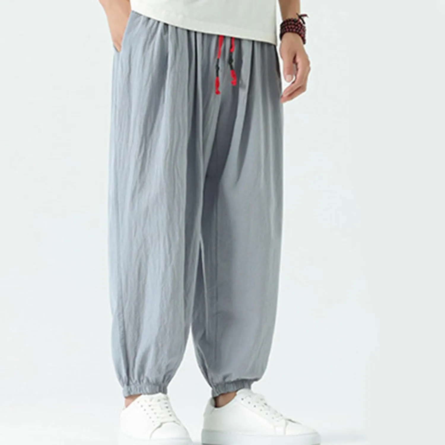 Mens Harem Pants Cotton Linen Baggy Casual Loose Summer Pants Drawstring Elastic Waist Yoga Jogger Trousers