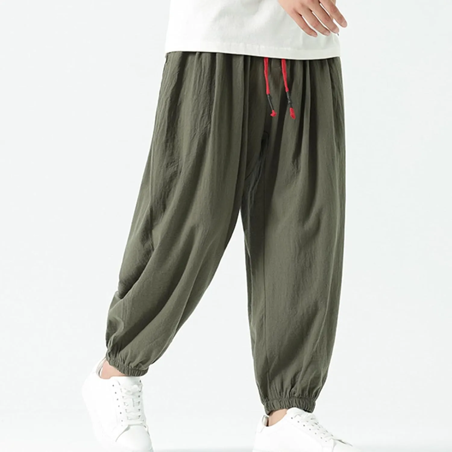 Mens Harem Pants Cotton Linen Baggy Casual Loose Summer Pants Drawstring Elastic Waist Yoga Jogger Trousers