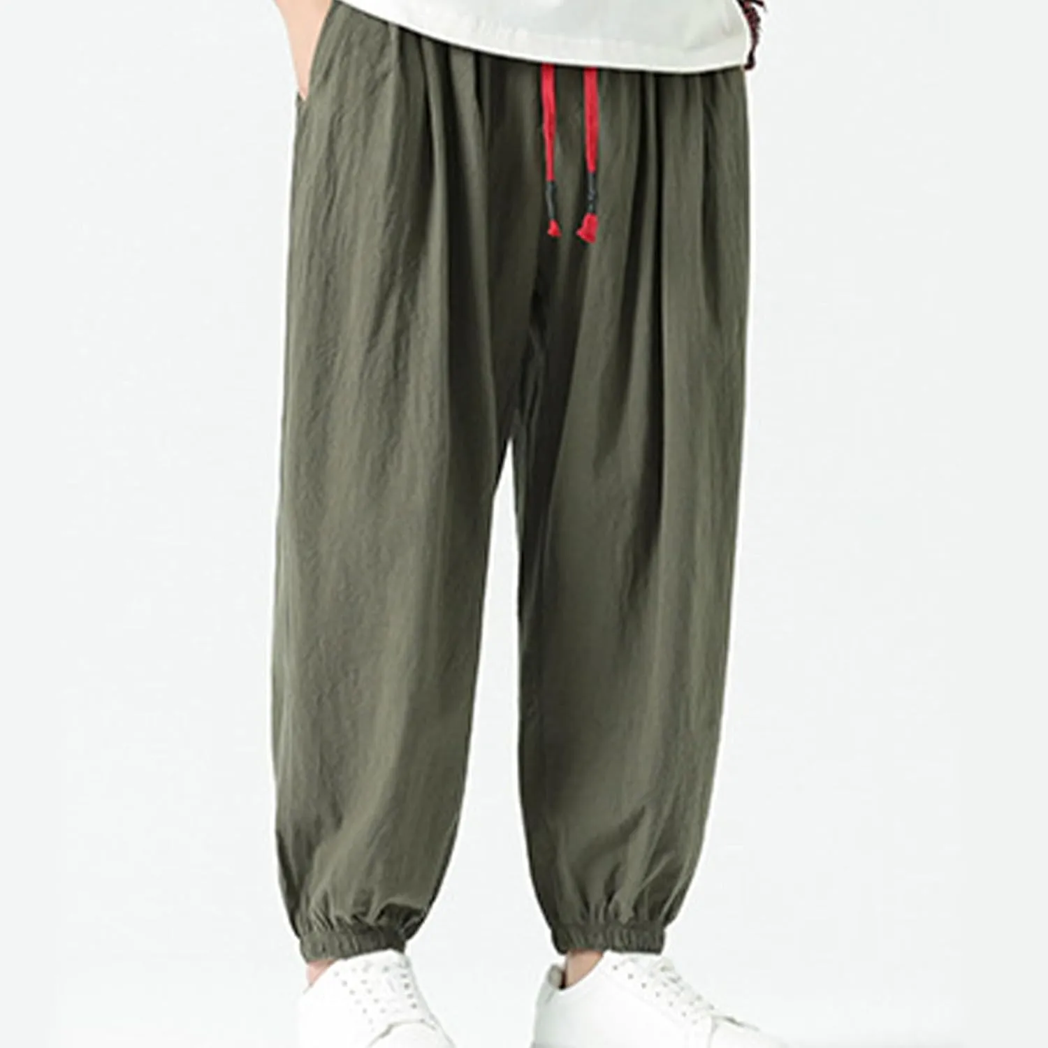 Mens Harem Pants Cotton Linen Baggy Casual Loose Summer Pants Drawstring Elastic Waist Yoga Jogger Trousers