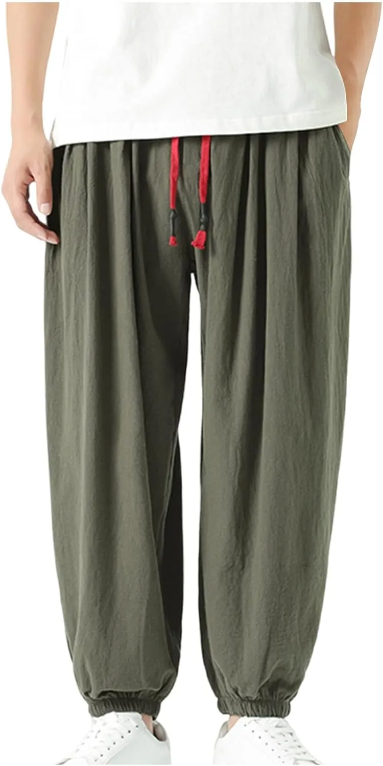 Mens Harem Pants Cotton Linen Baggy Casual Loose Summer Pants Drawstring Elastic Waist Yoga Jogger Trousers