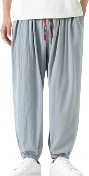 Mens Harem Pants Cotton Linen Baggy Casual Loose Summer Pants Drawstring Elastic Waist Yoga Jogger Trousers