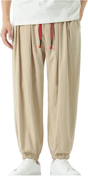 Mens Harem Pants Cotton Linen Baggy Casual Loose Summer Pants Drawstring Elastic Waist Yoga Jogger Trousers