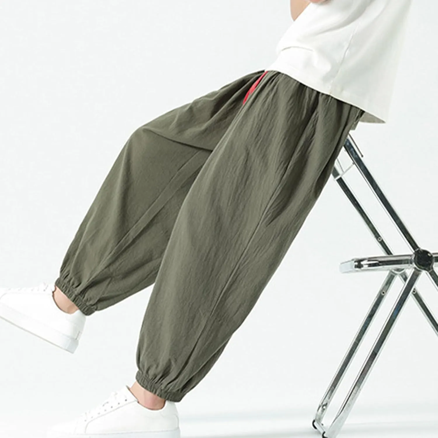 Mens Harem Pants Cotton Linen Baggy Casual Loose Summer Pants Drawstring Elastic Waist Yoga Jogger Trousers