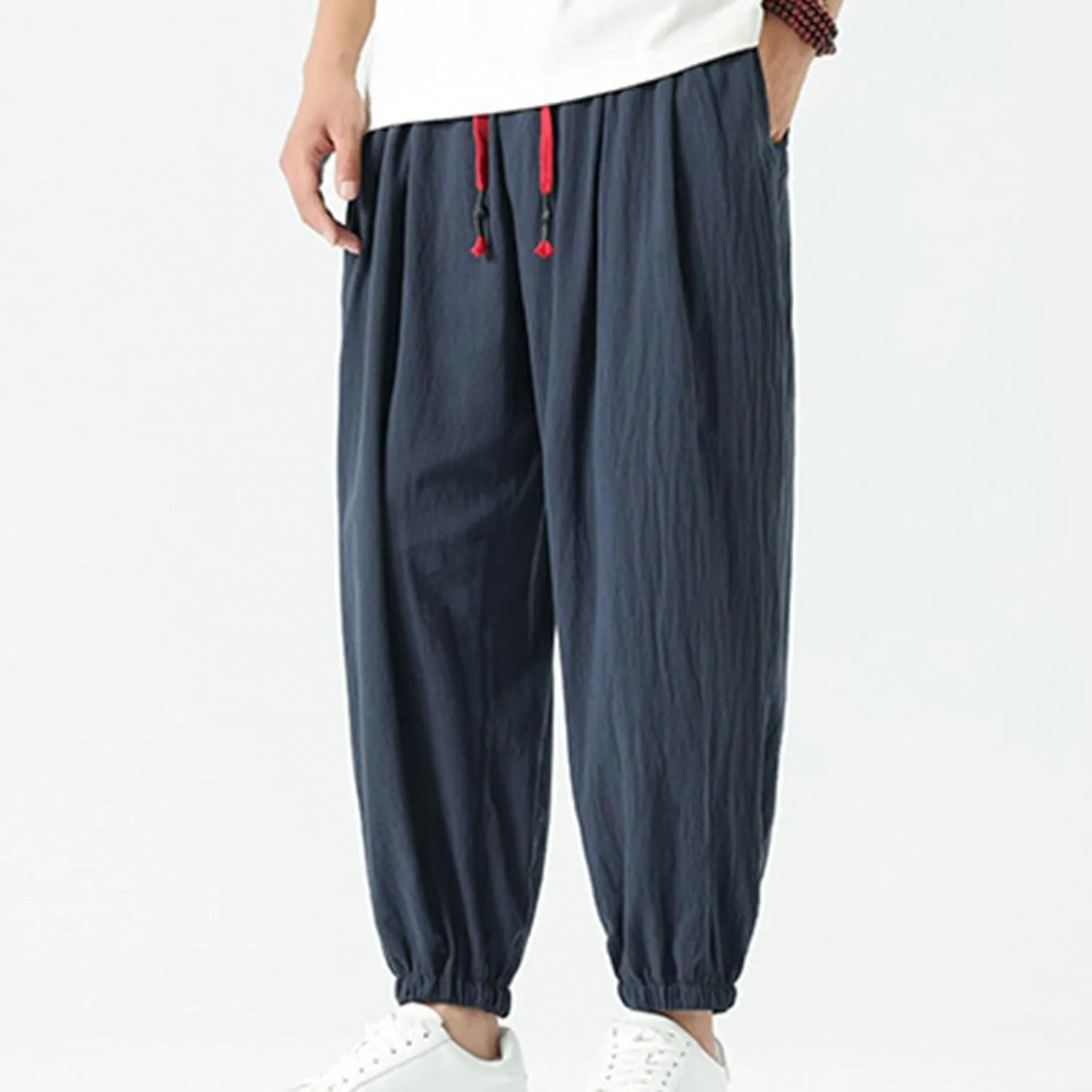 Mens Harem Pants Cotton Linen Baggy Casual Loose Summer Pants Drawstring Elastic Waist Yoga Jogger Trousers