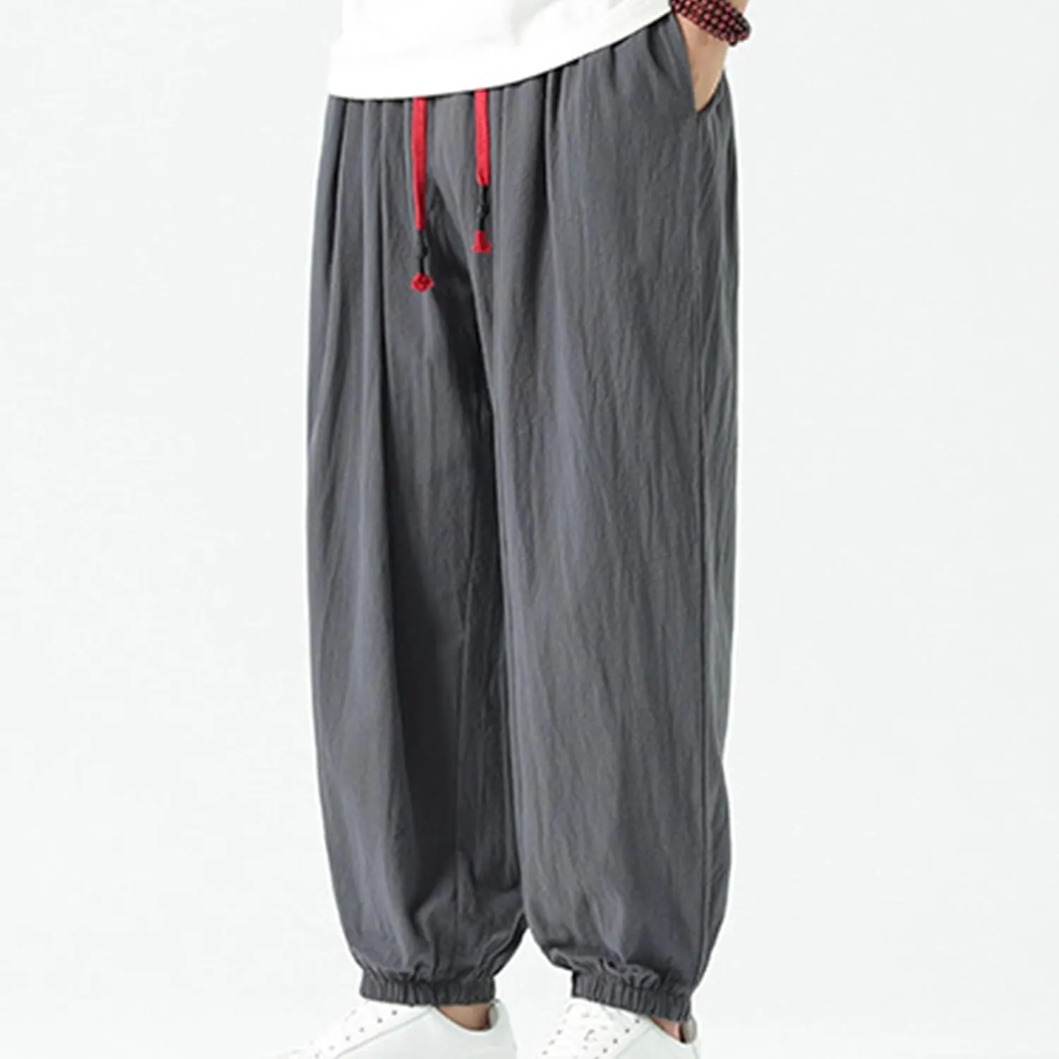 Mens Harem Pants Cotton Linen Baggy Casual Loose Summer Pants Drawstring Elastic Waist Yoga Jogger Trousers