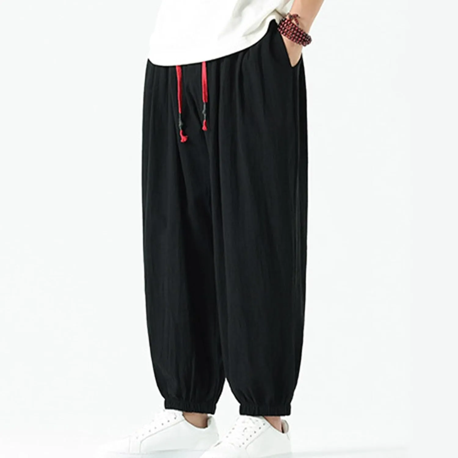 Mens Harem Pants Cotton Linen Baggy Casual Loose Summer Pants Drawstring Elastic Waist Yoga Jogger Trousers