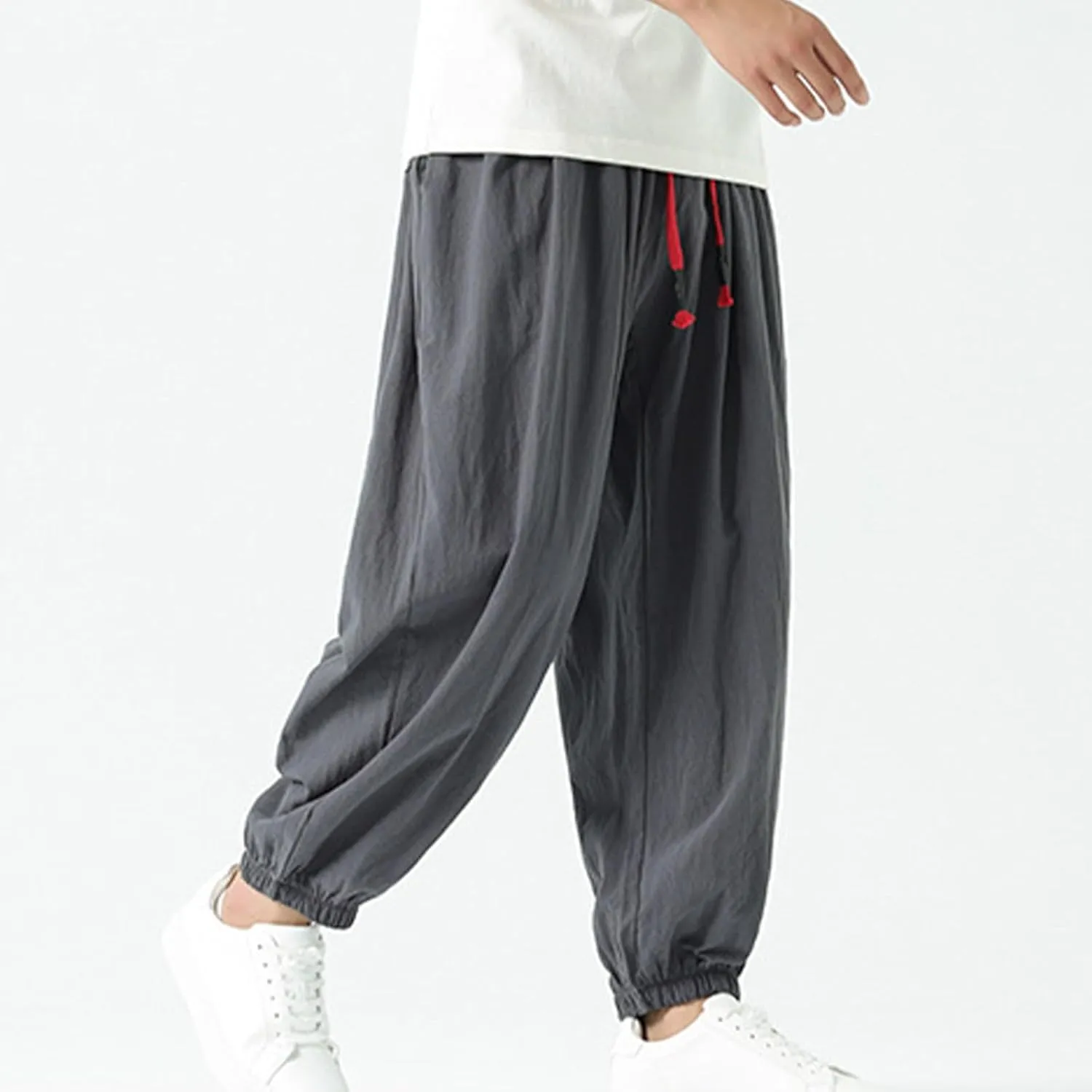 Mens Harem Pants Cotton Linen Baggy Casual Loose Summer Pants Drawstring Elastic Waist Yoga Jogger Trousers