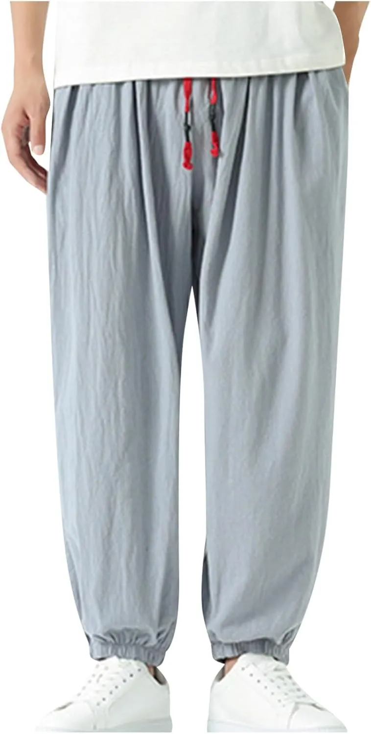 Mens Harem Pants Cotton Linen Baggy Casual Loose Summer Pants Drawstring Elastic Waist Yoga Jogger Trousers