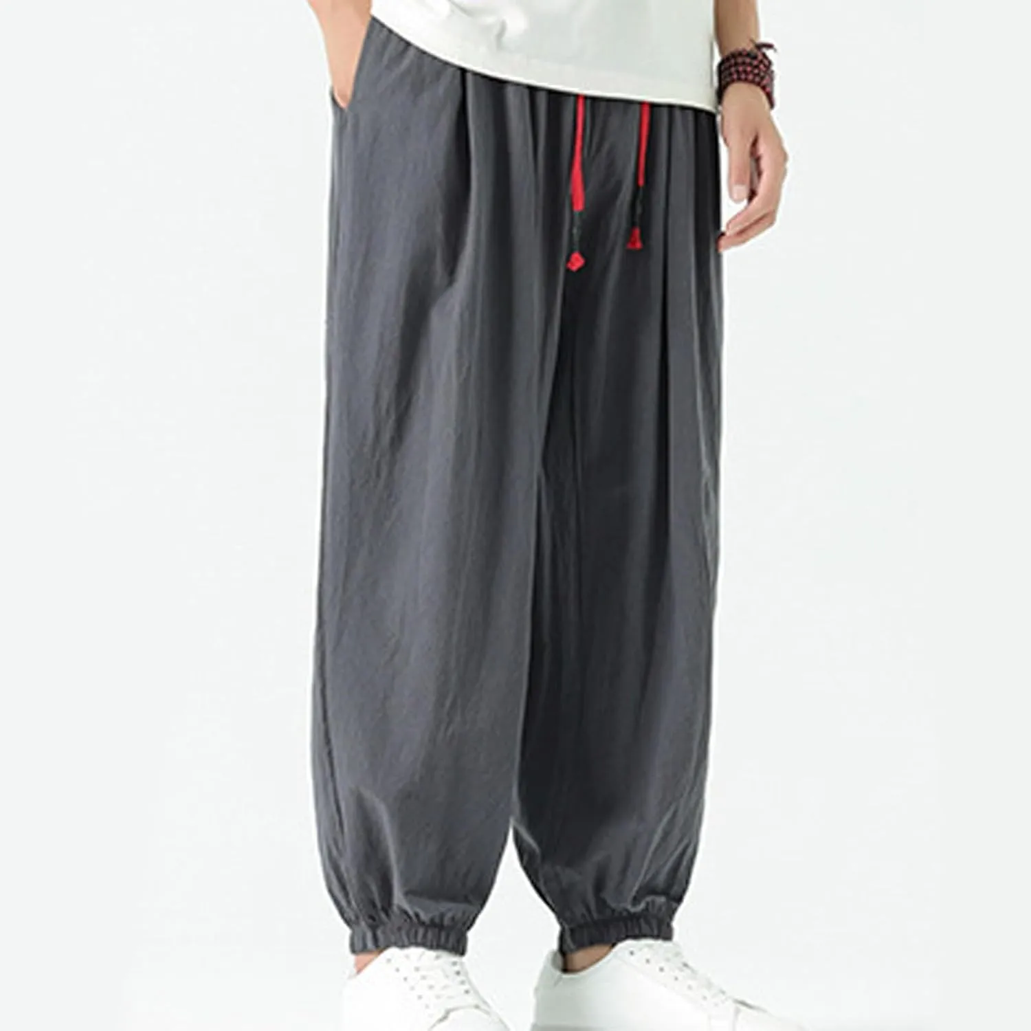 Mens Harem Pants Cotton Linen Baggy Casual Loose Summer Pants Drawstring Elastic Waist Yoga Jogger Trousers