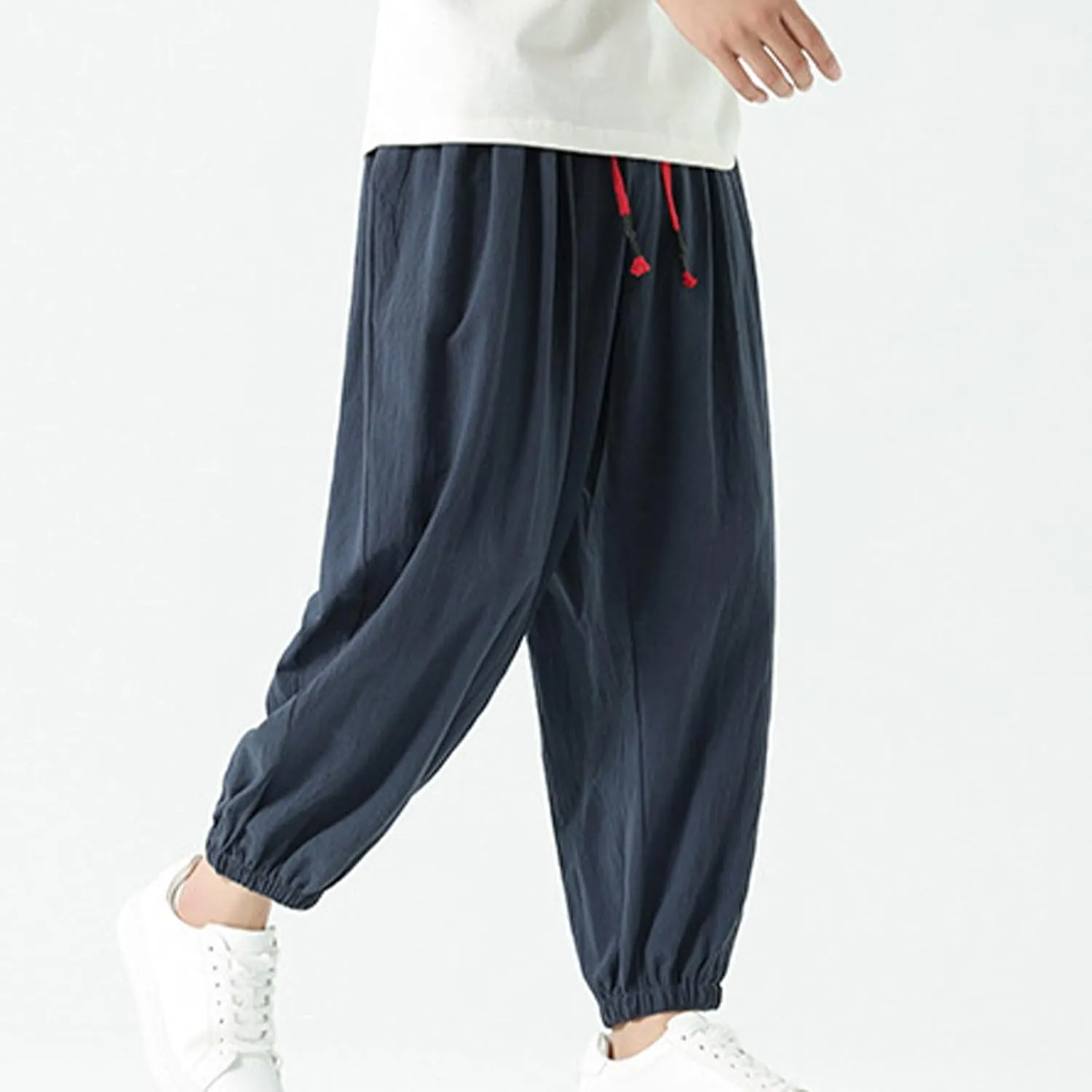 Mens Harem Pants Cotton Linen Baggy Casual Loose Summer Pants Drawstring Elastic Waist Yoga Jogger Trousers