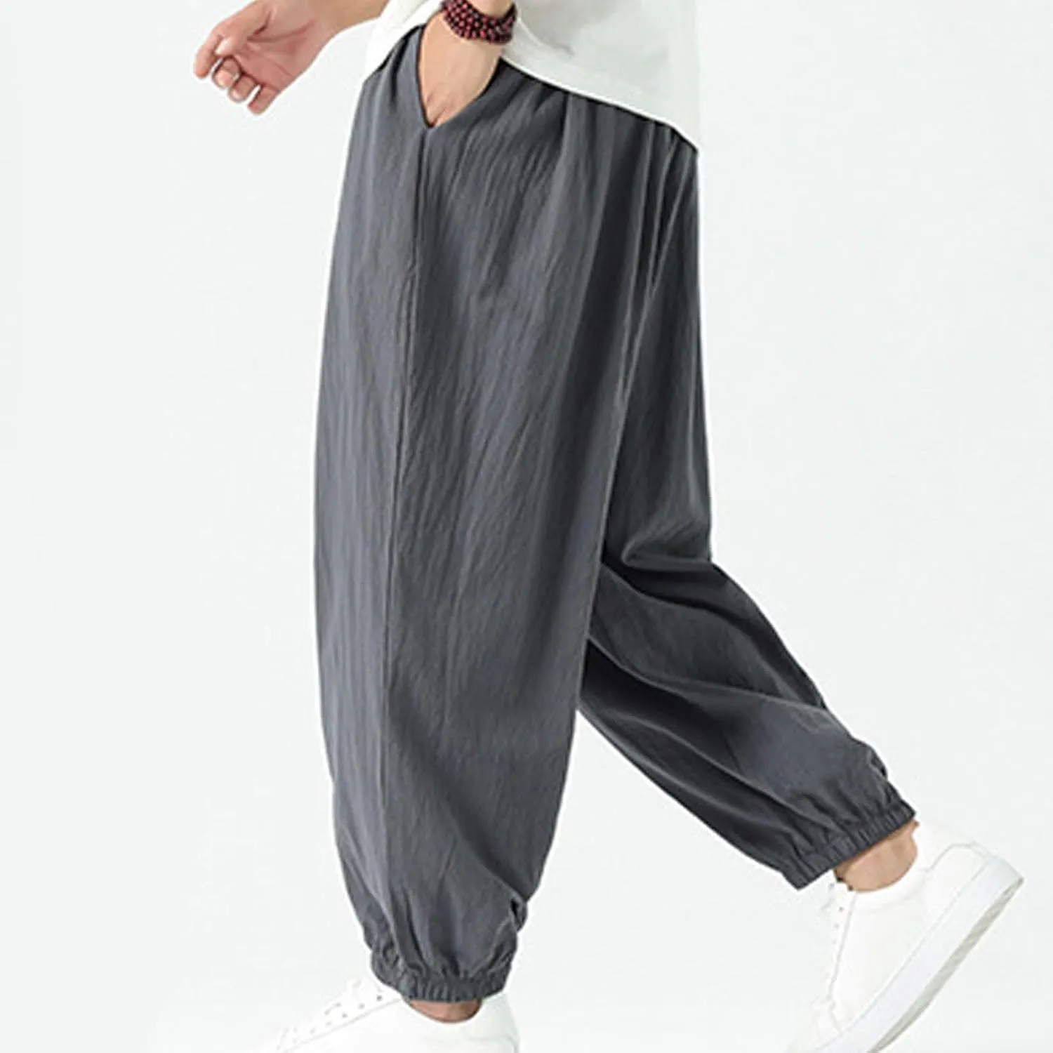 Mens Harem Pants Cotton Linen Baggy Casual Loose Summer Pants Drawstring Elastic Waist Yoga Jogger Trousers