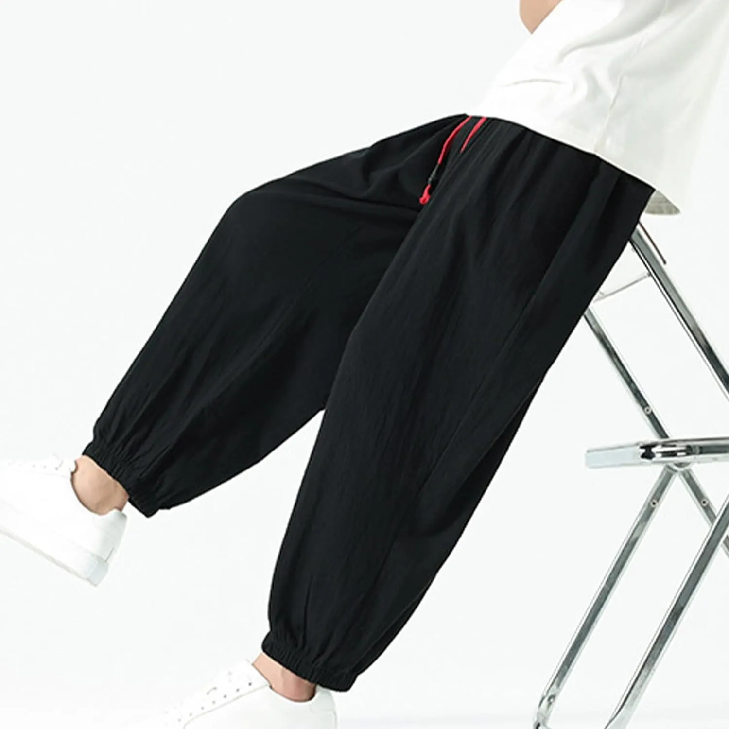 Mens Harem Pants Cotton Linen Baggy Casual Loose Summer Pants Drawstring Elastic Waist Yoga Jogger Trousers