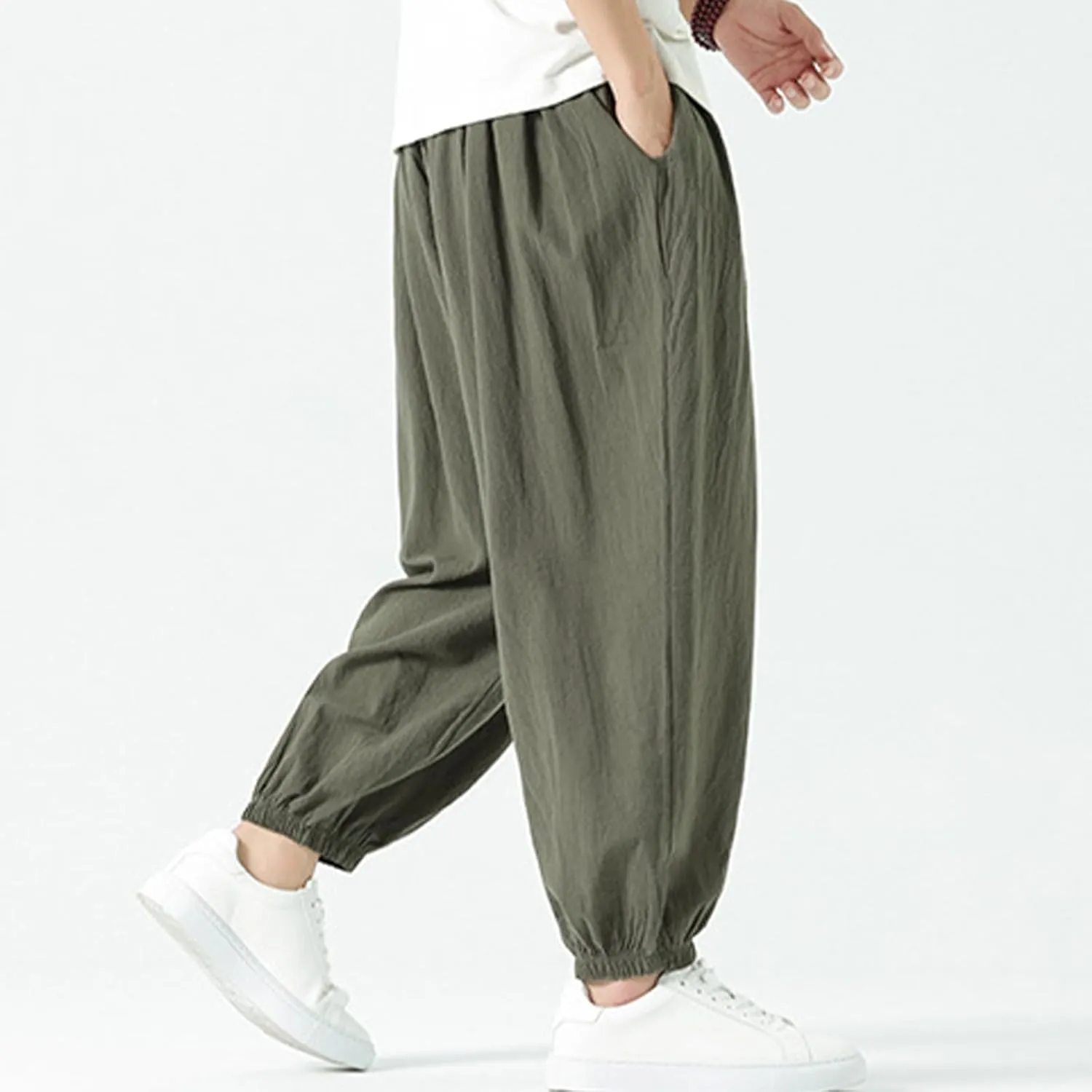 Mens Harem Pants Cotton Linen Baggy Casual Loose Summer Pants Drawstring Elastic Waist Yoga Jogger Trousers