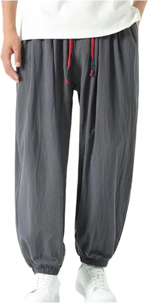 Mens Harem Pants Cotton Linen Baggy Casual Loose Summer Pants Drawstring Elastic Waist Yoga Jogger Trousers