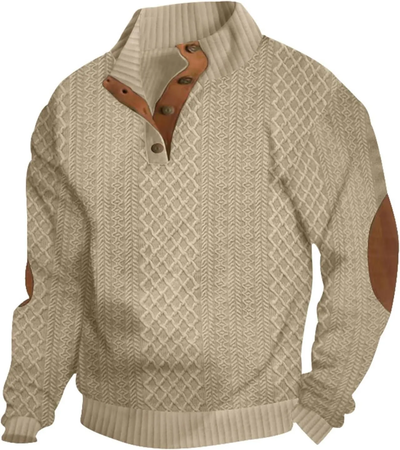 Mens Henley Sweatshirts Elbow Patches Thermal Button Loose Fit Pullover Fall Long Sleeve Casual Print Sweaters