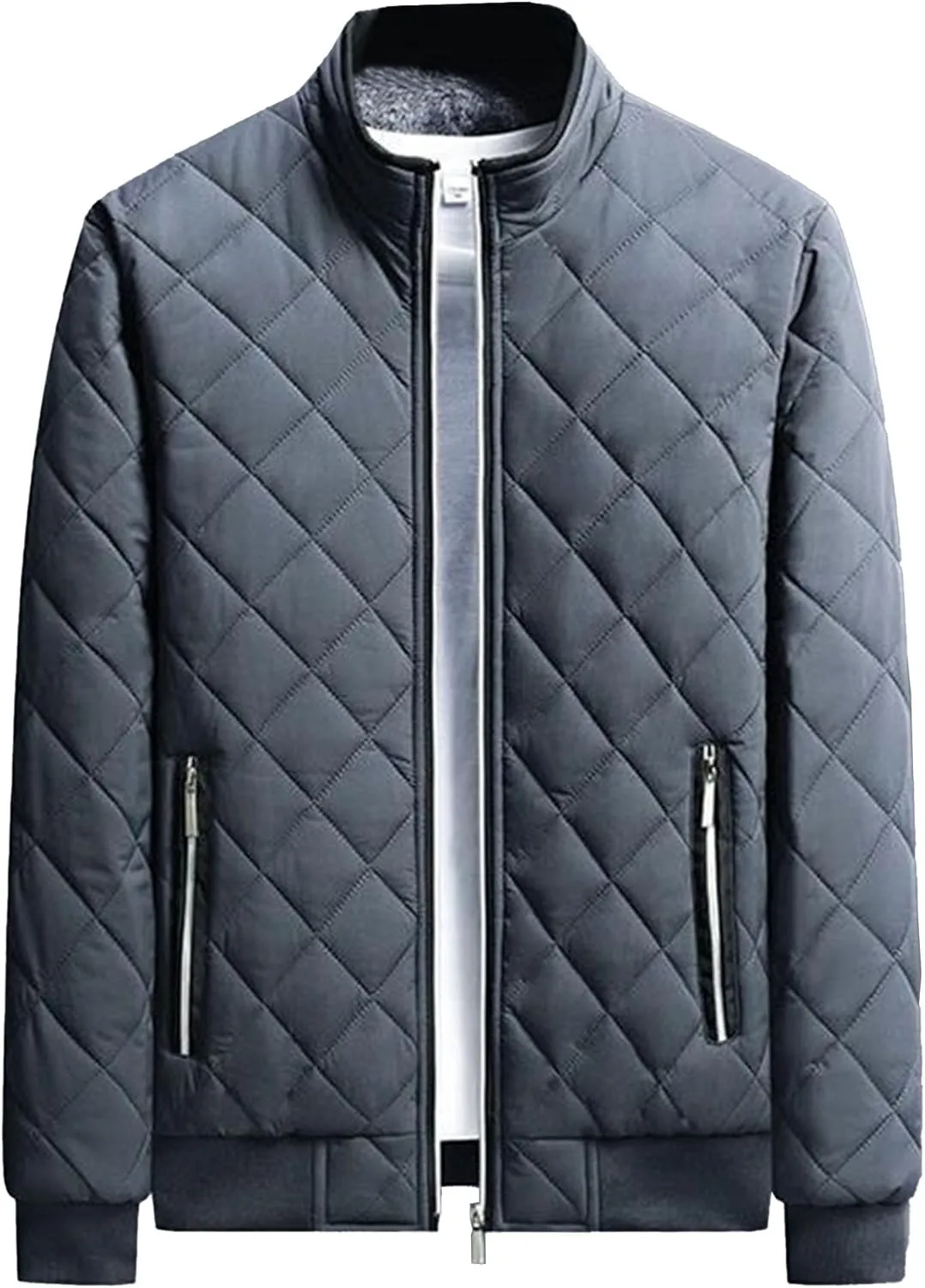 Men's High Neck Diamond Quilted Jacket Fleece Lined Thermal Padded Jackets Winter Full Zipper Bomber Outwear