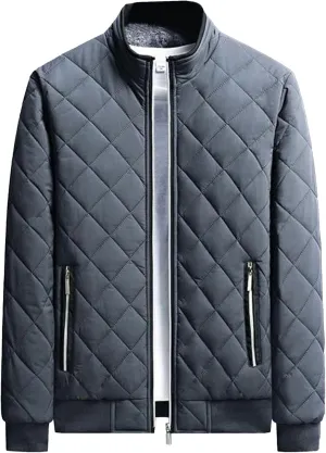Men's High Neck Diamond Quilted Jacket Fleece Lined Thermal Padded Jackets Winter Full Zipper Bomber Outwear