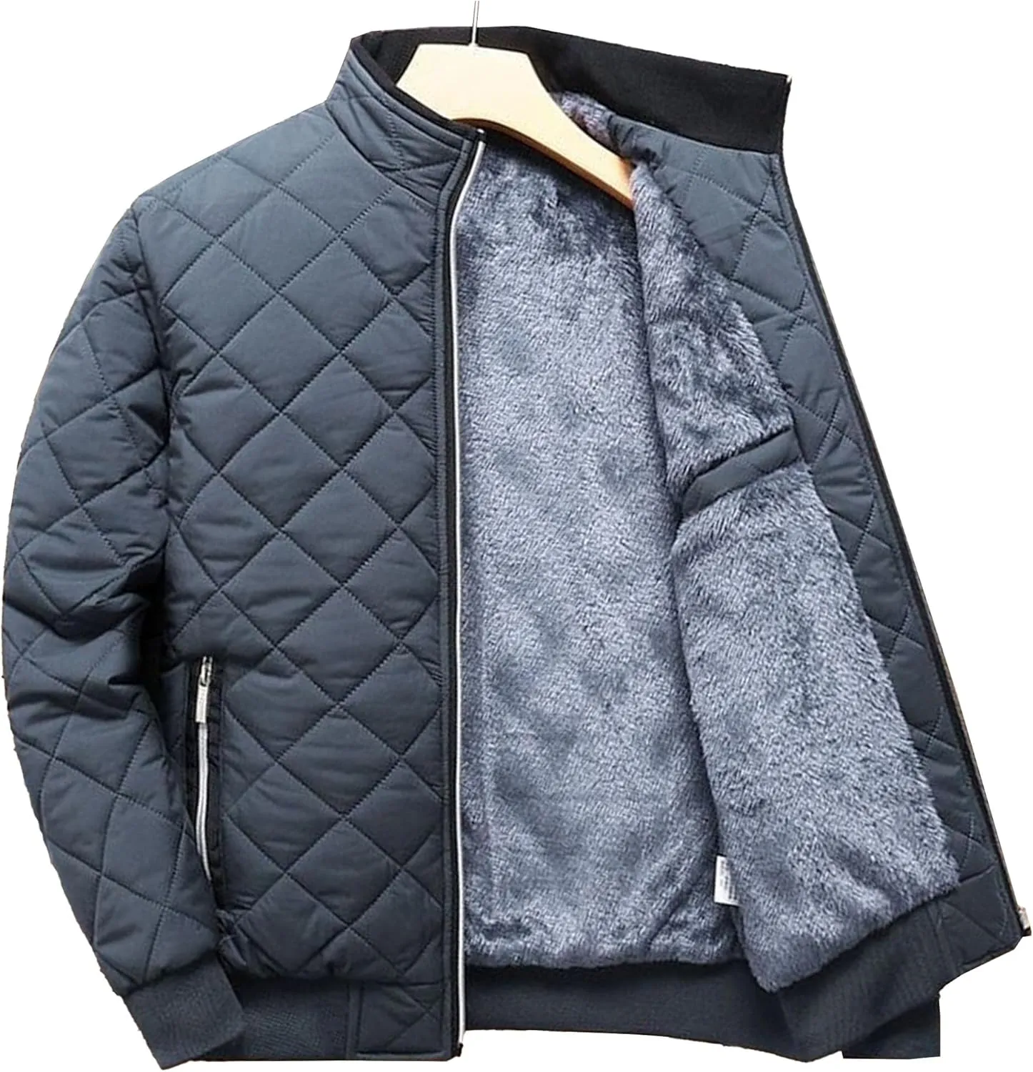 Men's High Neck Diamond Quilted Jacket Fleece Lined Thermal Padded Jackets Winter Full Zipper Bomber Outwear