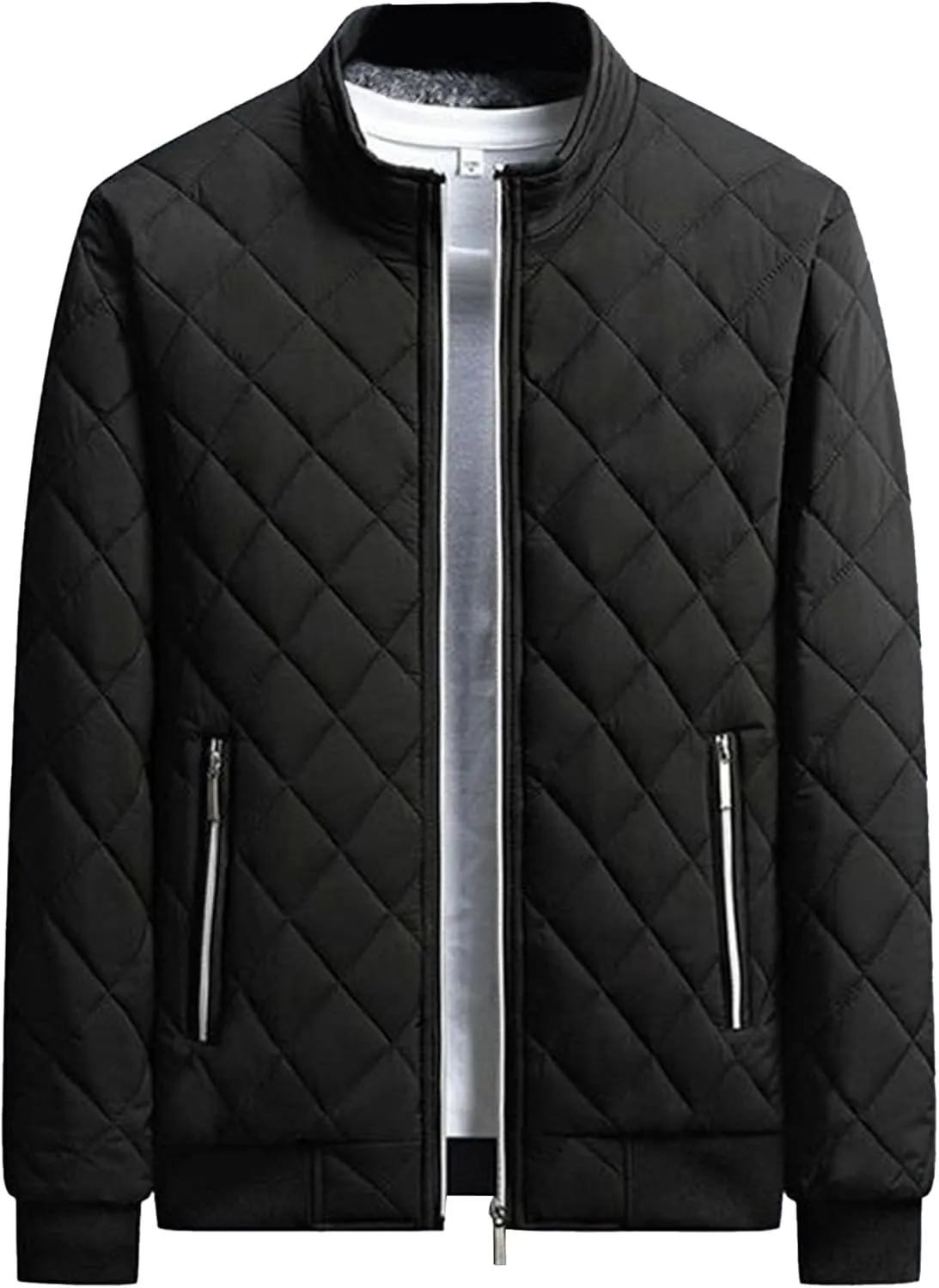 Men's High Neck Diamond Quilted Jacket Fleece Lined Thermal Padded Jackets Winter Full Zipper Bomber Outwear