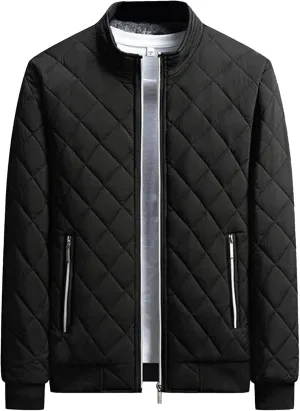 Men's High Neck Diamond Quilted Jacket Fleece Lined Thermal Padded Jackets Winter Full Zipper Bomber Outwear