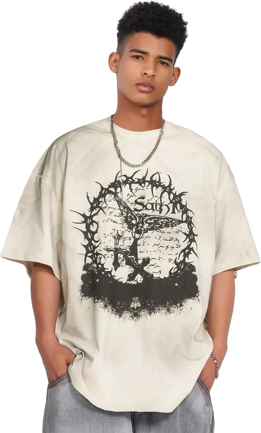Men's Hip Hop Graphic Print Cotton T-Shirt Fashion Special Design Crewneck Rapper Short Sleeve Tops…