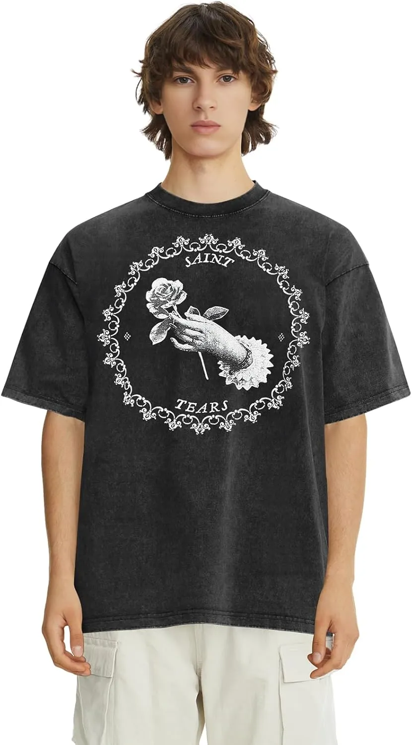Men's Hip Hop Graphic Print Cotton T-Shirt Fashion Special Design Crewneck Rapper Short Sleeve Tops